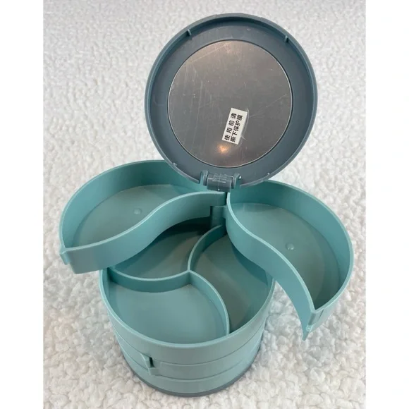 (NIB) Blue/Grey Round Four-Tiered Rotating Stacked Jewelry Organizer with Mirror - Picture 5 of 11